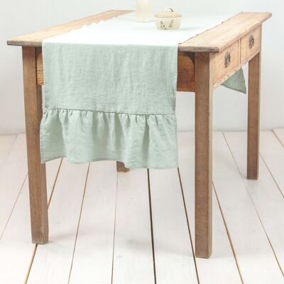 Linen ruffled table runner in Sage Green - 40x200 cm / 16x79"