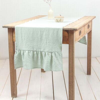 Linen ruffled table runner in Sage Green - 40x250 cm / 16x98"