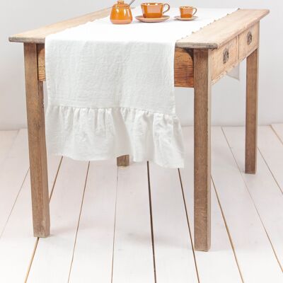 Linen ruffled table runner in White - 50x200 cm / 20x79"