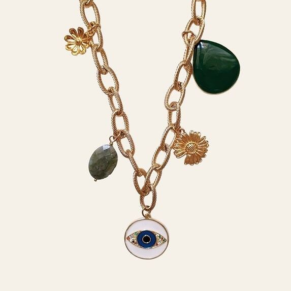 Jack-Halskette, Anhänger aus Harz, Natursteine aus Zamak und Antigorit