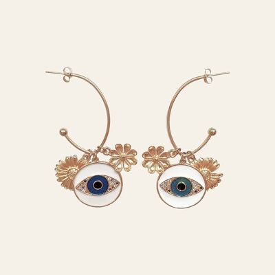 Boucles d'Oreilles Kalie, Pendentifs motif Oeil et Fleurs Zamac