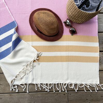 Grande serviette de plage en coton naturel à rayures, jeté de canapé - Rose