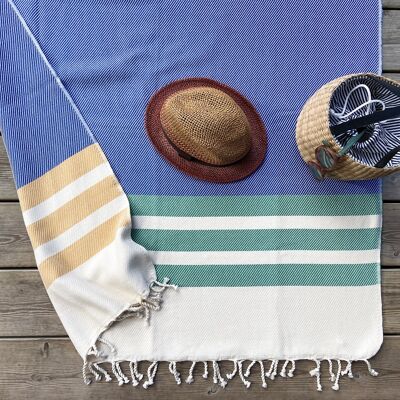 Grande serviette de plage en coton naturel à rayures, jeté de canapé - Bleu