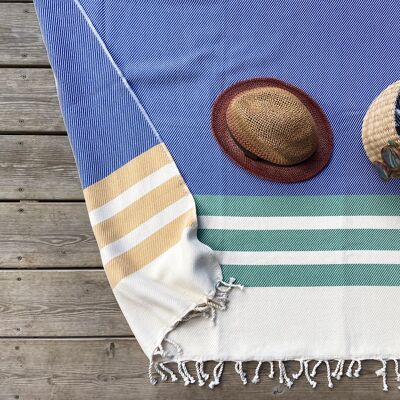 Grande serviette de plage en coton naturel à rayures, jeté de canapé - Bleu