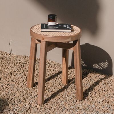 Solid wood stool CARAMIN from Trembesi with a seat made of woven rattan