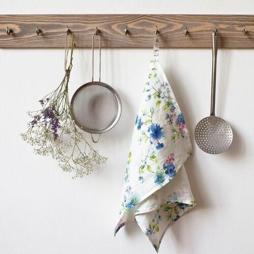 White Flowers Linen Kitchen Towel