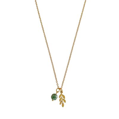 Green Spot Jasper & Leaf Necklace - Gold