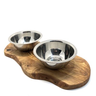 Feeding station RUSTY 2x 0.2 liter metal bowls olive wood