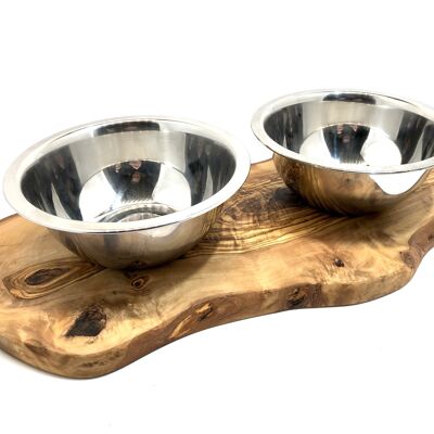 Feeding station RUSTY 2x 1.5 liter metal bowl for food & water Olive wood
