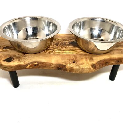Feeding station RUSTY PLUS 2x 0.7 liter metal bowl "jacked up" for feed & water Olive wood