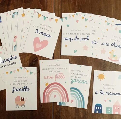 Cartes étapes grossesse, mois par mois, couleurs pastels