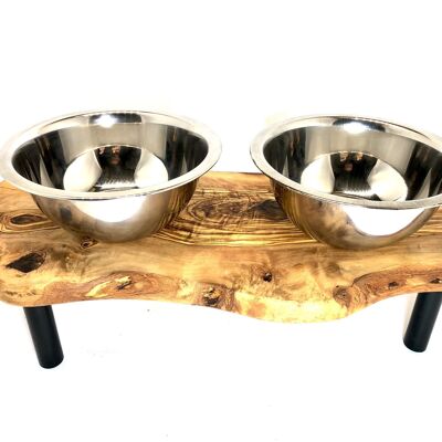 Feeding station RUSTY PLUS 2x 1.5 liter metal bowl "jacked up" for feed & water Olive wood