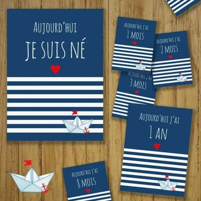 Baby step cards, month by month, boat, sailor, sailor