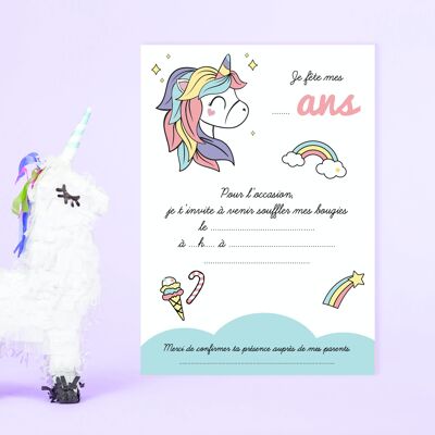 Unicorn birthday invitation, rainbow clouds, children's card, cupcake