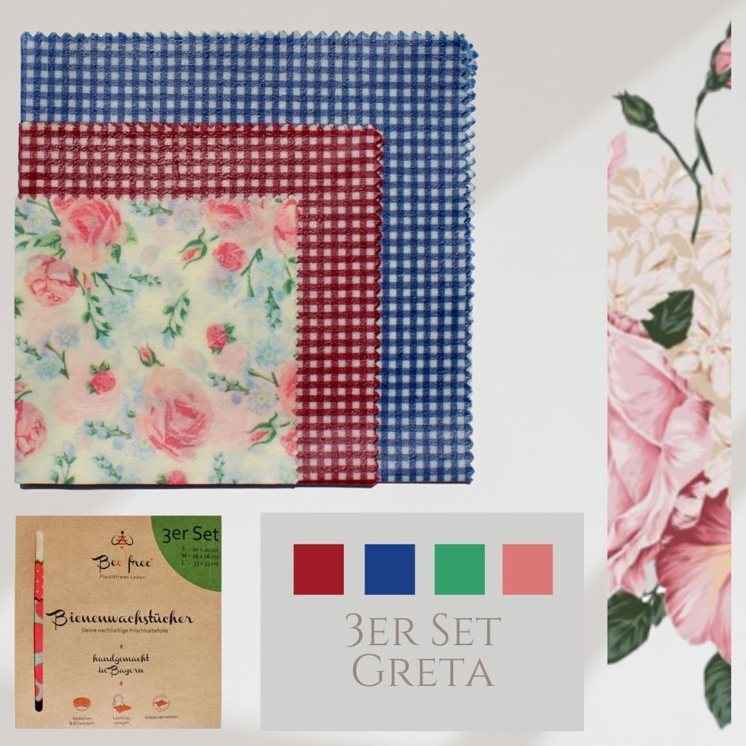 Juego de 3 paños de cera de abejas orgánicos "Greta" (20x20cm, 26x26cm, 33x33cm) - hechos a mano en Baviera