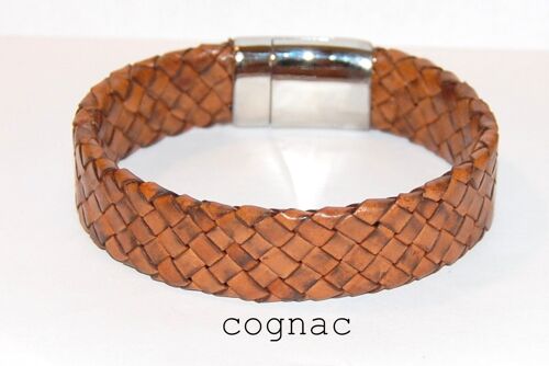 Men's bracelet braided leather cognac, wide