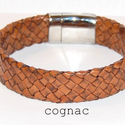 Pulsera hombre cuero trenzado coñac, ancho