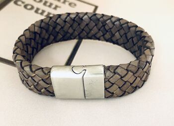 Bracelet homme cuir tressé gris, large 1