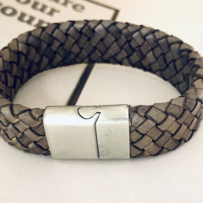 Men's bracelet braided leather gray, wide