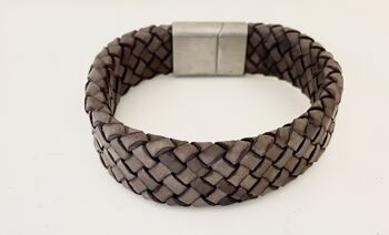 Bracelet homme cuir tressé gris, large 2