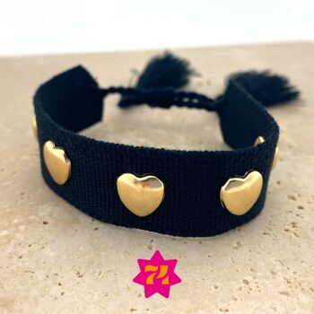 Bracelet tendance tissé noir avec coeurs dorés