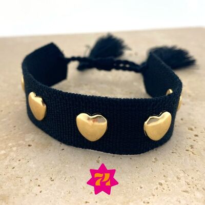 Woven statement bracelet black with golden hearts