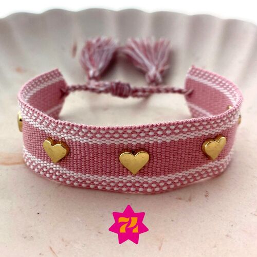 Geweven statement armband oud roze gouden hartjes