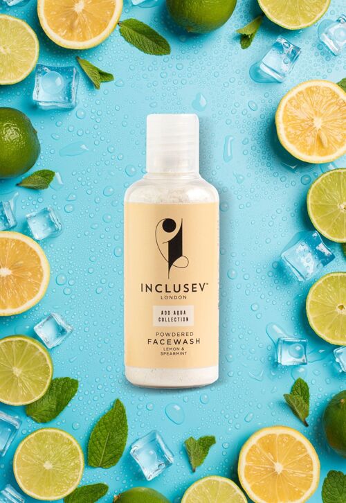 Inclusev Face Wash Powder To Lather, Travel-Friendly, Natural, Nourishing, Brightening, ADD AQUA Technology Up to 120 Washes With Rose Hip, Orris Root & Hibiscus, Lemon and Spearmint 50g