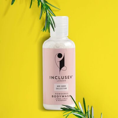 Inclusev Gel de baño hidratante en polvo para hombres y mujeres Natural, vegano, sin jabón, apto para viajes, polvo para piel sensible a gel de ducha espumoso - Lima limón y romero 50 g