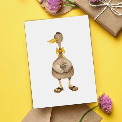 Tarjeta plegable, A6, pato con corazón y lazo, tarjeta de felicitación con sobre, VE 6