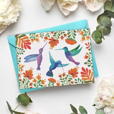 Folding card, A6, hummingbirds and flowers, colourful, greeting card with envelope, VE 6