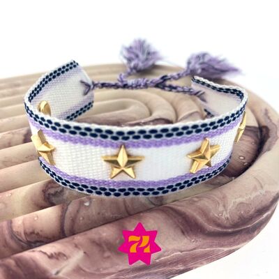 Geweven statement armband wit met gouden sterren en een paars detail