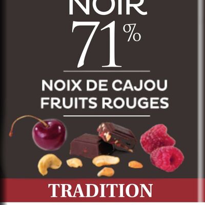 NOUVEAUTE - Tablette NOIR 71% Fruits Rouges et Noix de Cajou 100g