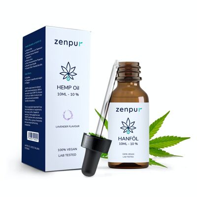 ZenPur - Bio-Premium-Hanföl 10 % - Lavendelgeschmack 250 Hanftropfen - Hoher Gehalt an Omega 3-6-9 - 1000 mg - Hergestellt in der EU mit internationalem Zertifikat