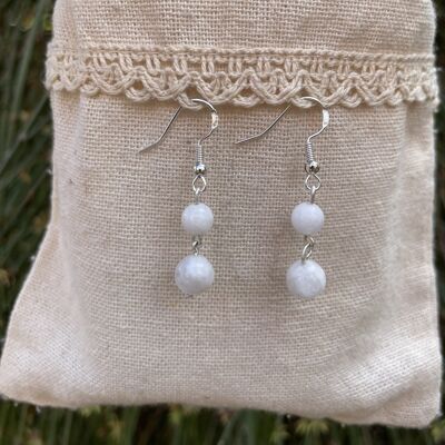 Dangling earrings with 2 balls in natural Moonstone, Made in France