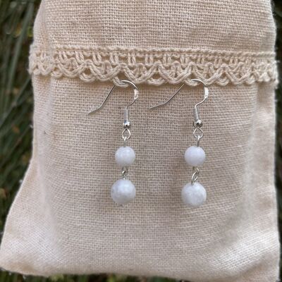 Dangling earrings with 2 balls in natural Moonstone, Made in France