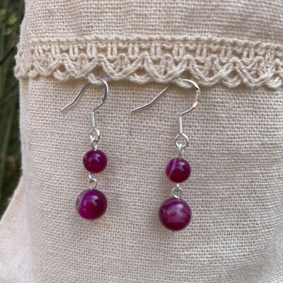 Dangling earrings with 2 balls in natural Pink Agate