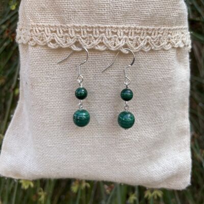 Dangling earrings with 2 balls in natural Malachite