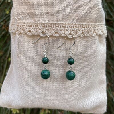 Dangling earrings with 2 balls in natural Malachite