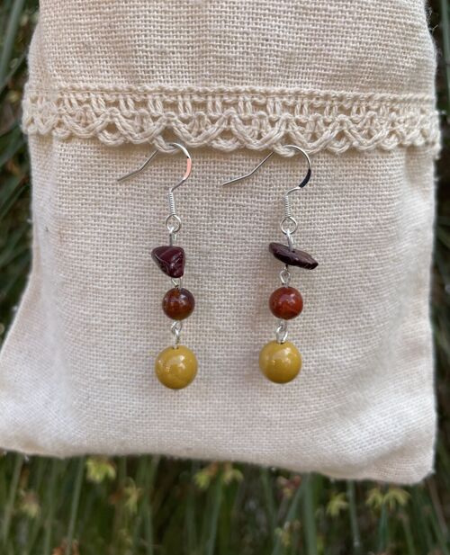 Boucles d'oreilles pendantes à 3 rangs en Jaspe Mokaïte ou Mookaite naturelle