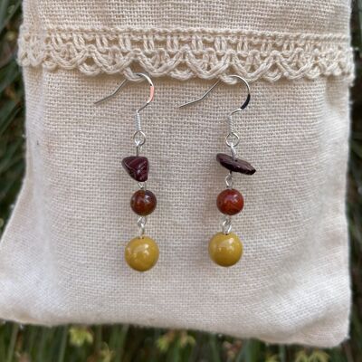 Boucles d'oreilles pendantes à 3 rangs en Jaspe Mokaïte ou Mookaite naturelle