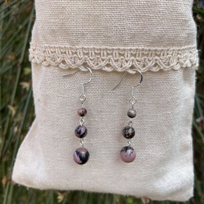 Dangling earrings with 3 balls in natural Rhodonite