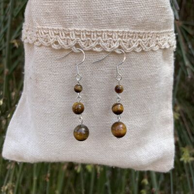 Dangling earrings with 3 balls in natural Tiger's Eye
