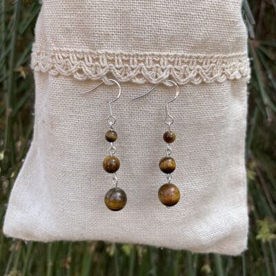 Dangling earrings with 3 balls in natural Tiger's Eye
