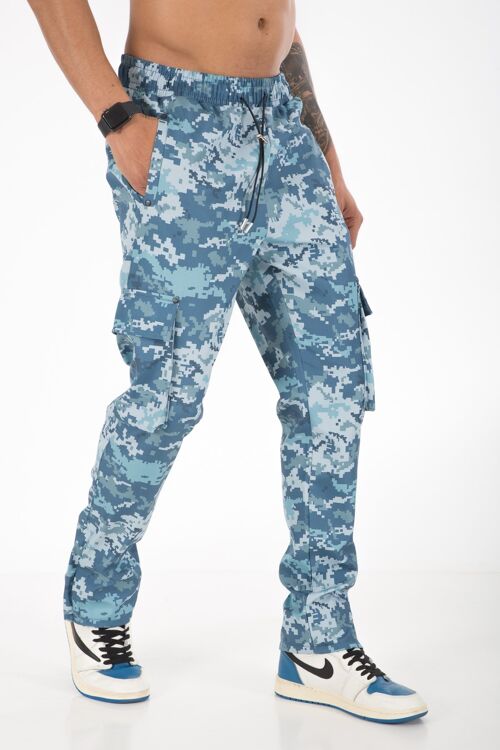 Ikao - Pantalon Homme Flare Denim Imprimé Armée ART428 Bleu