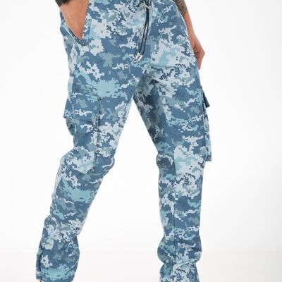 Ikao - Pantaloni da uomo in denim svasato con stampa militare ART428 blu