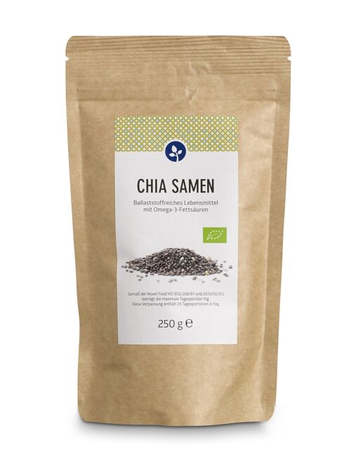 Chia Samen, bio 250 g | VEGAN | 18% Omega-3-Fettsäuren | 30% Ballaststoffe