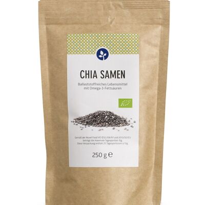 Chia Samen, bio 250 g | VEGAN | 18% Omega-3-Fettsäuren | 30% Ballaststoffe