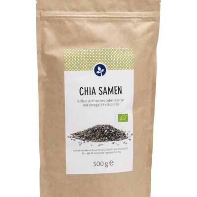 Chia Samen, bio 500 g | VEGAN | 18% Omega-3-Fettsäuren | 30% Ballaststoffe