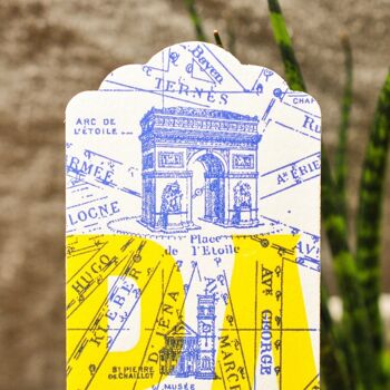 Marque-page Letterpress Plan de Paris, Tour Eiffel, Arc de Triomphe, architecture, fluo, jaune, bleu 2